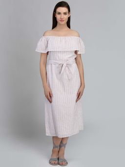 Dodo & Moa - Women Beige Stripes Midi Dress with Belt (Set of 2)