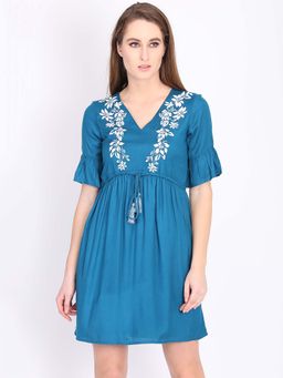 Dodo & Moa - Women Teal Embroidered Mini Dress