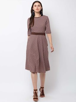 Dodo & Moa - Women Brown Printed Midi Dress with Belt (Set of 2)