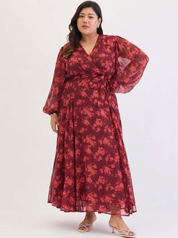Femmella - Women Maroon Floral Maxi Dress with Belt (Set of 2)