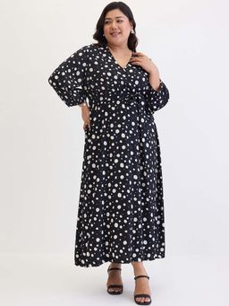 Femmella - Women Black Polka Dots Maxi Dress with Belt (Set of 2)