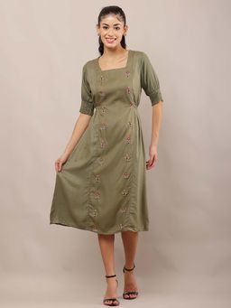 NOBARR - Women Green Embroidered Midi Dress
