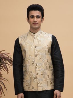 NEUDIS - Men Beige Jacquard Silk Blend Nehru Jacket