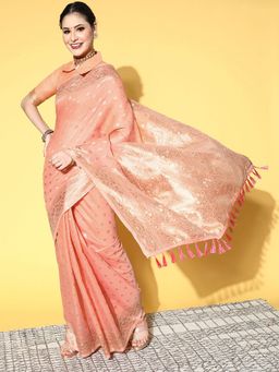 Odette - Silk Blend Peach Woven Design Saree with Unstitched Blouse