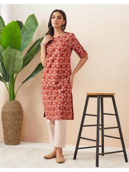 Fabindia - Maroon Cotton Bagru Printed Knee Length Kurta