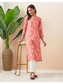 Fabindia - Pink Modal Hand Block Print Long Kurta