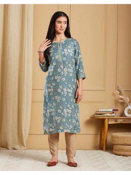 Fabindia - Teal Modal Hand Block Print Long Kurta