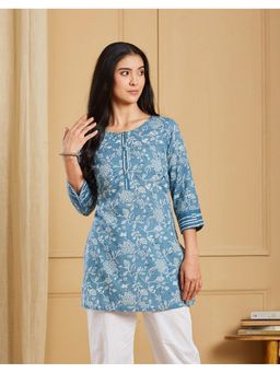 Fabindia - Teal Cotton Hand Block Print Short Kurta