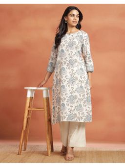 Fabindia - Natural Cotton Hand Block Printed Slim Fit Long Kurta