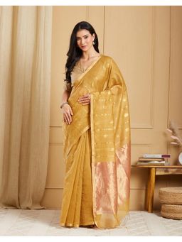 Fabindia - Mustard Cotton Silk Blend Chanderi Woven Wonders Saree Without Blouse