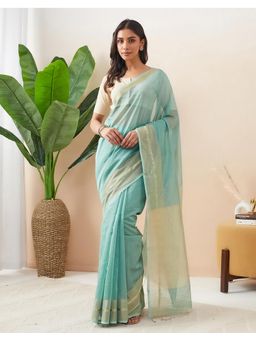 Fabindia - Sea Green Cotton Silk Blend Maheshwari Woven Wonders Saree Without Blouse