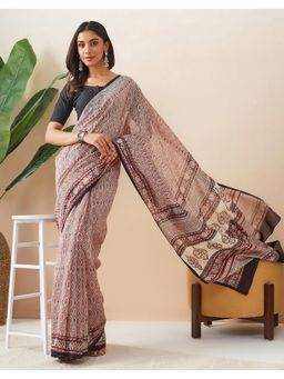 Fabindia - Natural Cotton Silk Bagh Printed Beige Saree Without Blouse