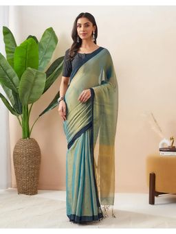 Fabindia - Green Cotton Blend Embroidered Woven Wonders Saree Without Blouse