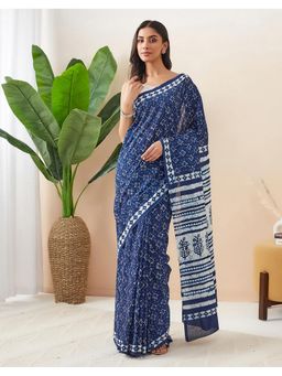 Fabindia - Indigo Cotton Hand Block Print Saree Without Blouse