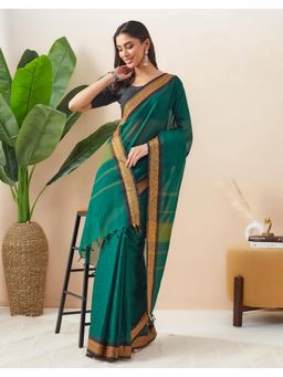 Fabindia - Green Cotton Saree Without Blouse
