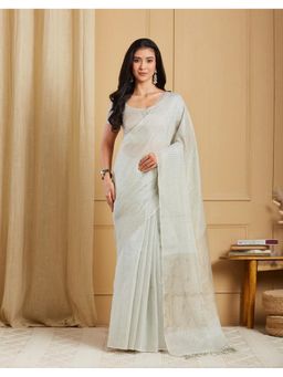 Fabindia - Silver Cotton Blend Hand Woven Wonders Saree Without Blouse