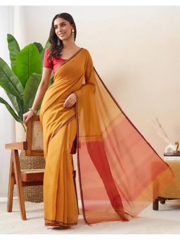 Fabindia - Mustard Viscose Silk Hand Woven Saree Without Blouse