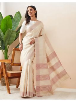 Fabindia - Beige Silk Blend Saree Without Blouse