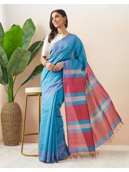 Fabindia - Turquoise Silk Hand Woven Saree Without Blouse