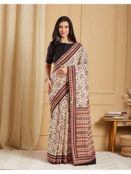 Fabindia - Beige Cotton Hand Block Printed Saree Without Blouse