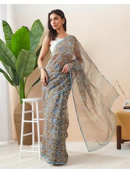 Fabindia - Teal Cotton Silk Hand Block Print Saree Without Blouse
