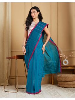 Fabindia - Turquoise Cotton Hand Woven Saree Without Blouse