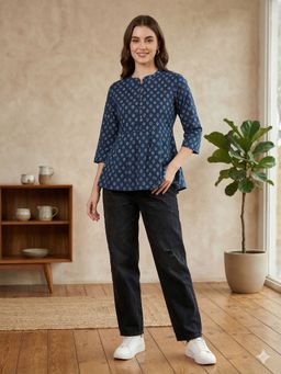 MAAND - Navy Blue Cotton Printed Top