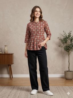 MAAND - Red Cotton Printed Top