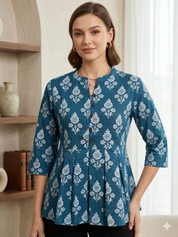 MAAND - Blue Cotton Printed Top