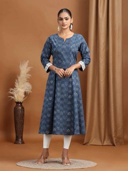 Cotton Culture - Indigo Blue Foliage Printed A-Line Kurta
