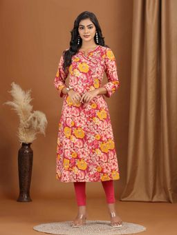 Cotton Culture - Light Peach Floral Printed Cotton A-Line Kurta