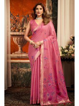 Mysilklove - Flamingo Pink Handloom Cotton Saree with Unstitched Blouse