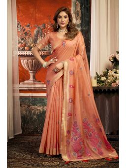 Mysilklove - Coral Peach Handloom Cotton Saree with Unstitched Blouse