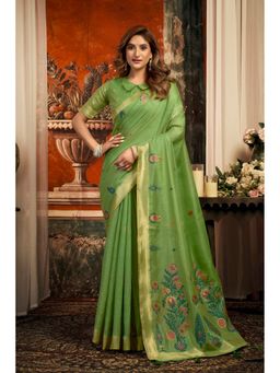Mysilklove - Emerald Green Handloom Cotton Saree with Unstitched Blouse