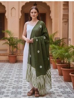 Hella Fashions - Green Cotton Embroidered Dupatta