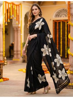 Hella Fashions - Black Crepe Silk Saree with Unstitched Blouse