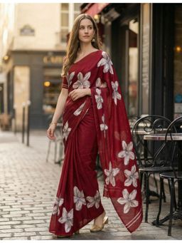 Hella Fashions - Maroon Crepe Silk Saree with Unstitched Blouse