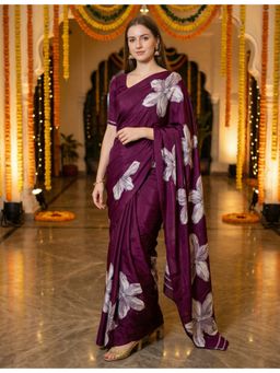 Hella Fashions - Wine Crepe Silk Saree with Unstitched Blouse
