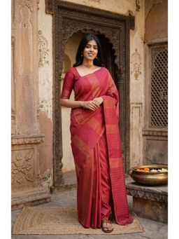 AMRUTKALA SAREES - Red Designer Kanjivaram Stripes Saree with Unstitched Blouse