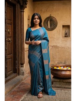 AMRUTKALA SAREES - Teal Designer Kanjivaram Stripes Saree with Unstitched Blouse