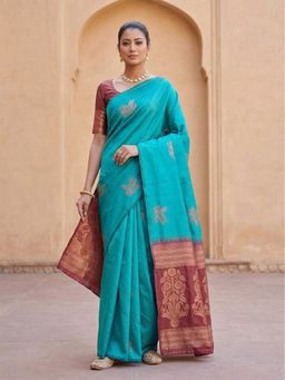 AMRUTKALA SAREES - Teal Designer Banarasi Silk Kanjivaram Woven Saree with Unstitched Blouse