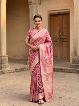 AMRUTKALA SAREES - Peach Designer Kanjivaram Floral Saree with Unstitched Blouse