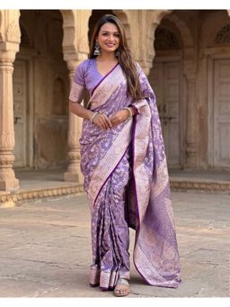 AMRUTKALA SAREES - Purple Kanjivaram Floral Saree with Unstitched Blouse