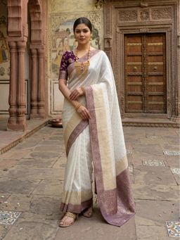 AMRUTKALA SAREES - White-Maroon Designer Kanjivaram Woven Saree with Unstitched Blouse