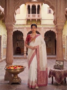 AMRUTKALA SAREES - White-Red Designer Kanjivaram Woven Saree with Unstitched Blouse