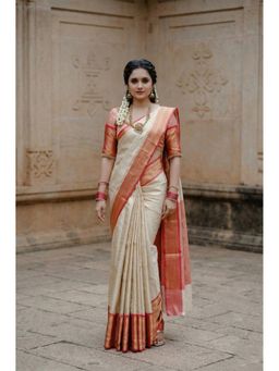 AMRUTKALA SAREES - White Designer Kanjivaram Printed Saree with Unstitched Blouse
