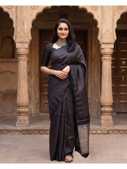 AMRUTKALA SAREES - Black Designer Kanjivaram Stripes Saree with Unstitched Blouse