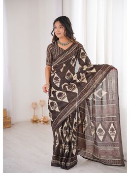 AMRUTKALA SAREES - Brown Designer Printed Saree with Unstitched Blouse