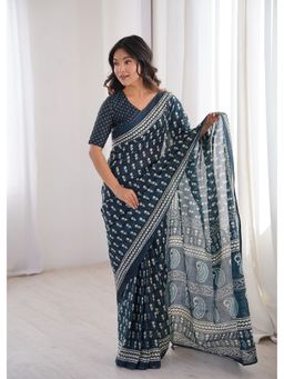 AMRUTKALA SAREES - Navy Blue Designer Printed Saree with Unstitched Blouse
