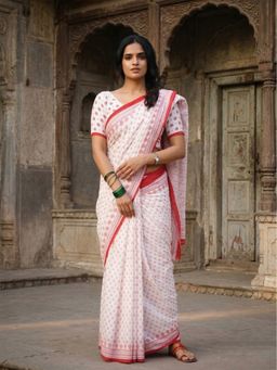 AMRUTKALA SAREES - White Designer Linen Printed Floral Saree with Unstitched Blouse